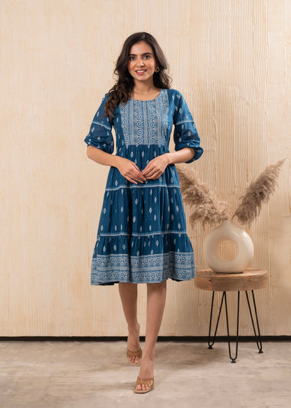 Juniper Indigo Blue Printed Boho Knee-Length Fit & Flare Dress
