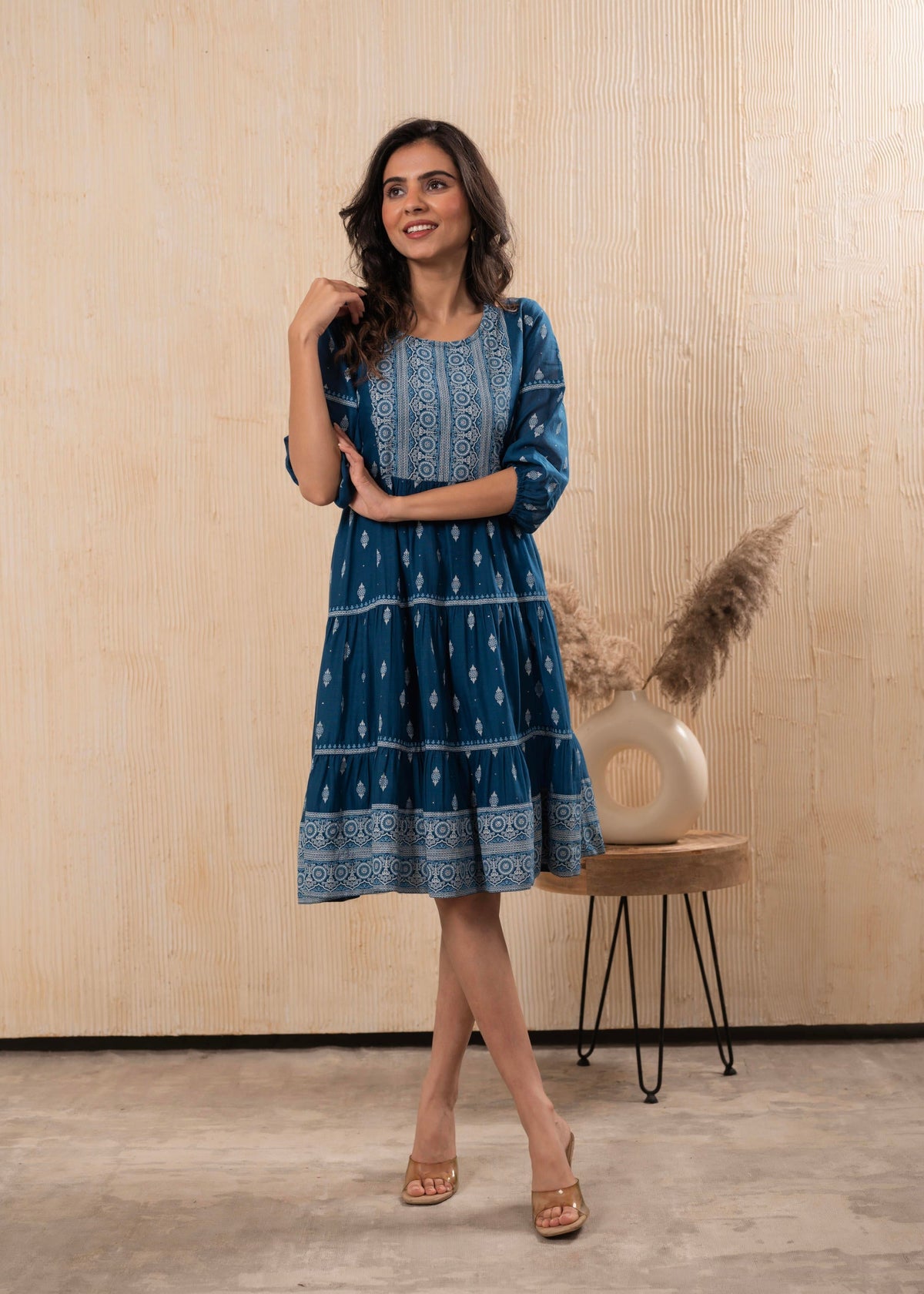 Juniper Indigo Blue Printed Boho Knee-Length Fit & Flare Dress