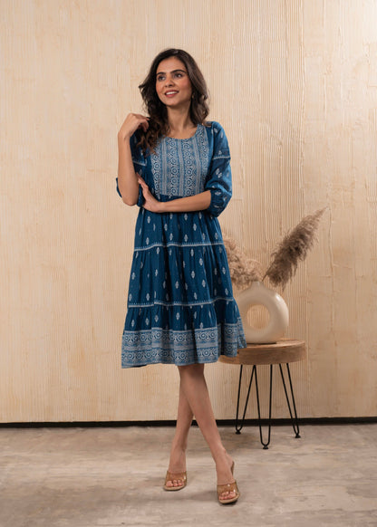 Juniper Indigo Blue Printed Boho Knee-Length Fit & Flare Dress
