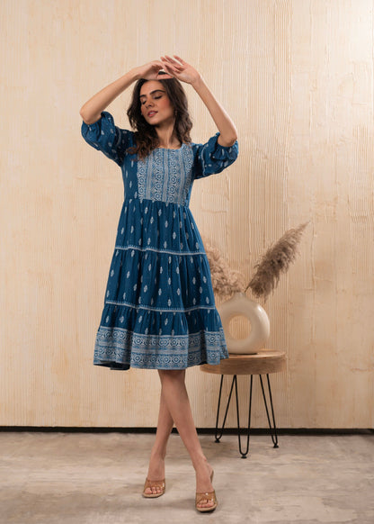 Juniper Indigo Blue Printed Boho Knee-Length Fit & Flare Dress