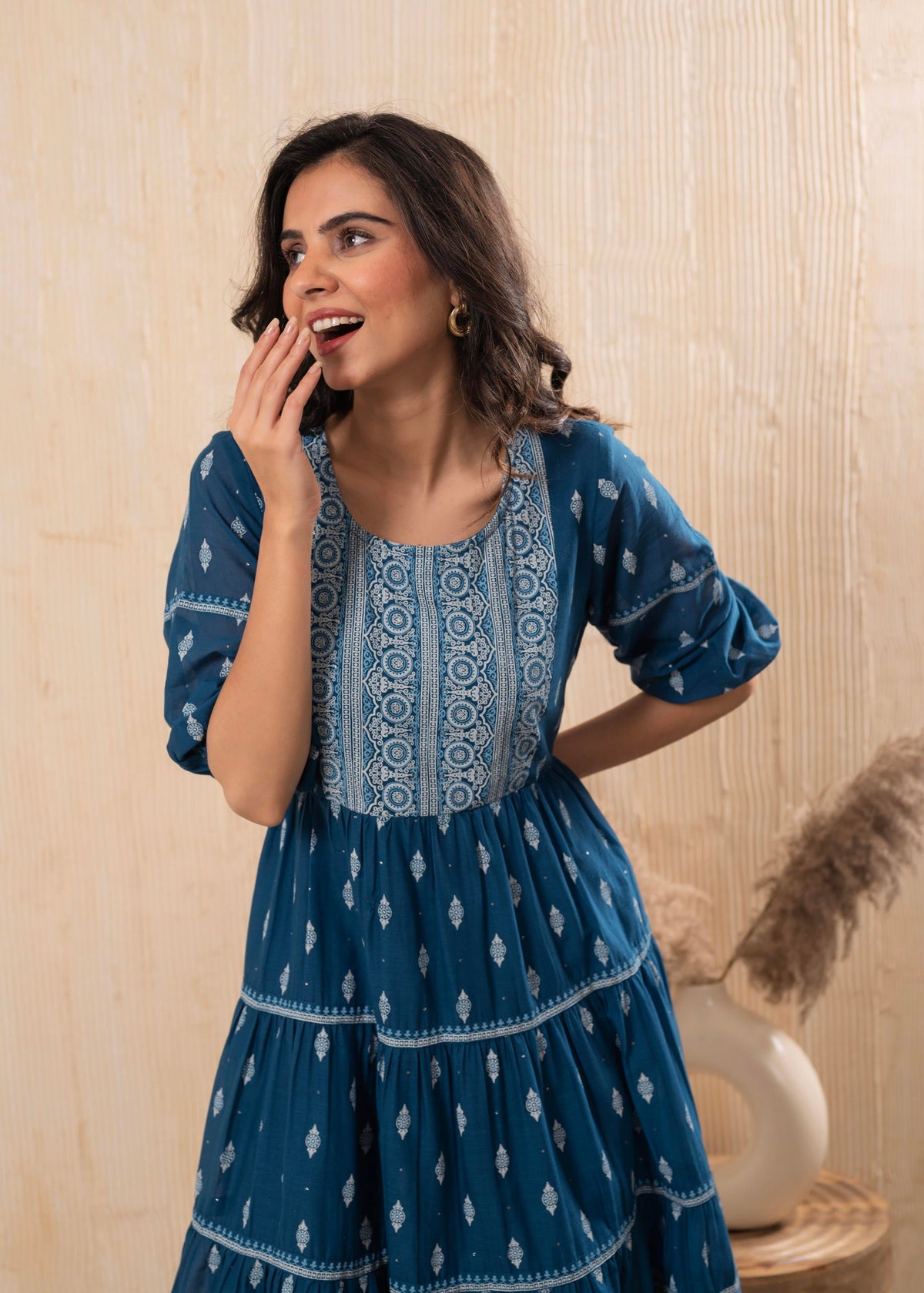 Juniper Indigo Blue Printed Boho Knee-Length Fit & Flare Dress
