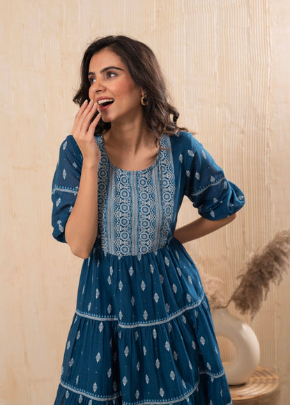 Juniper Indigo Blue Printed Boho Knee-Length Fit & Flare Dress