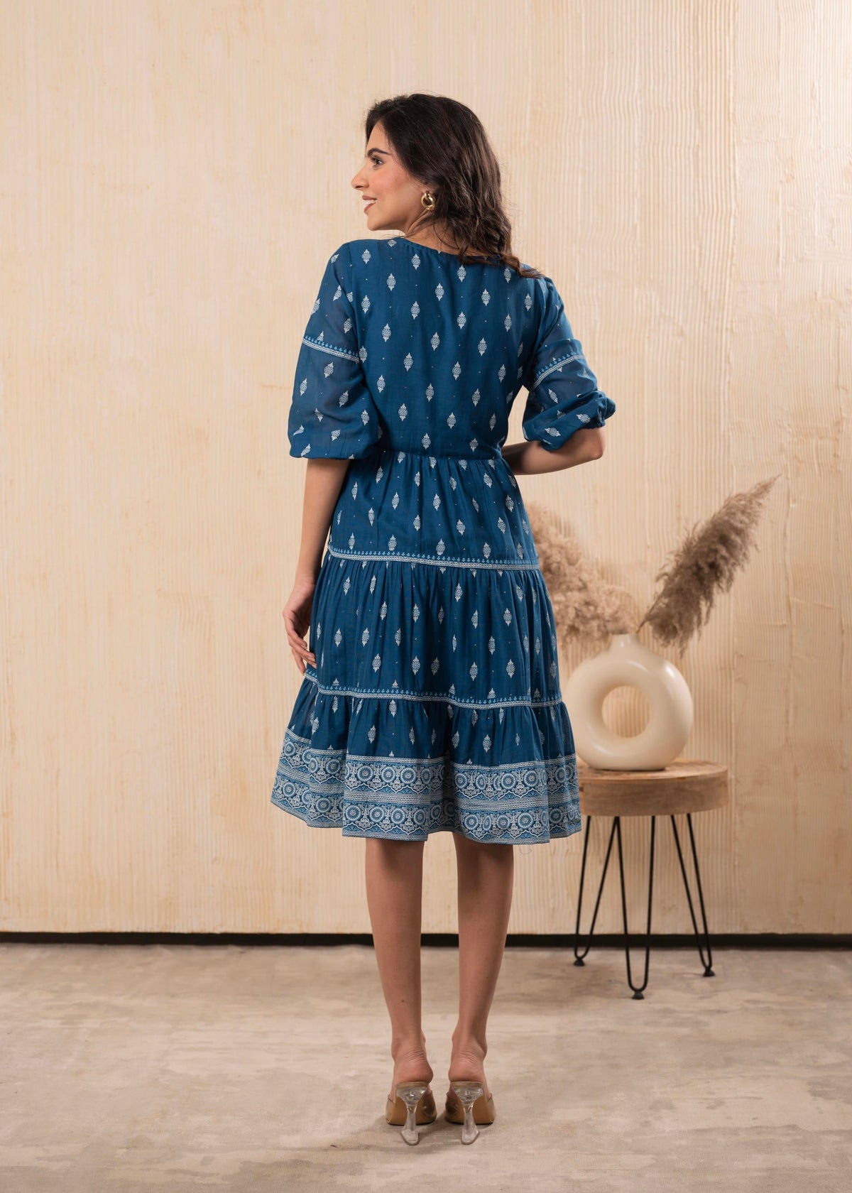 Juniper Indigo Blue Printed Boho Knee-Length Fit & Flare Dress