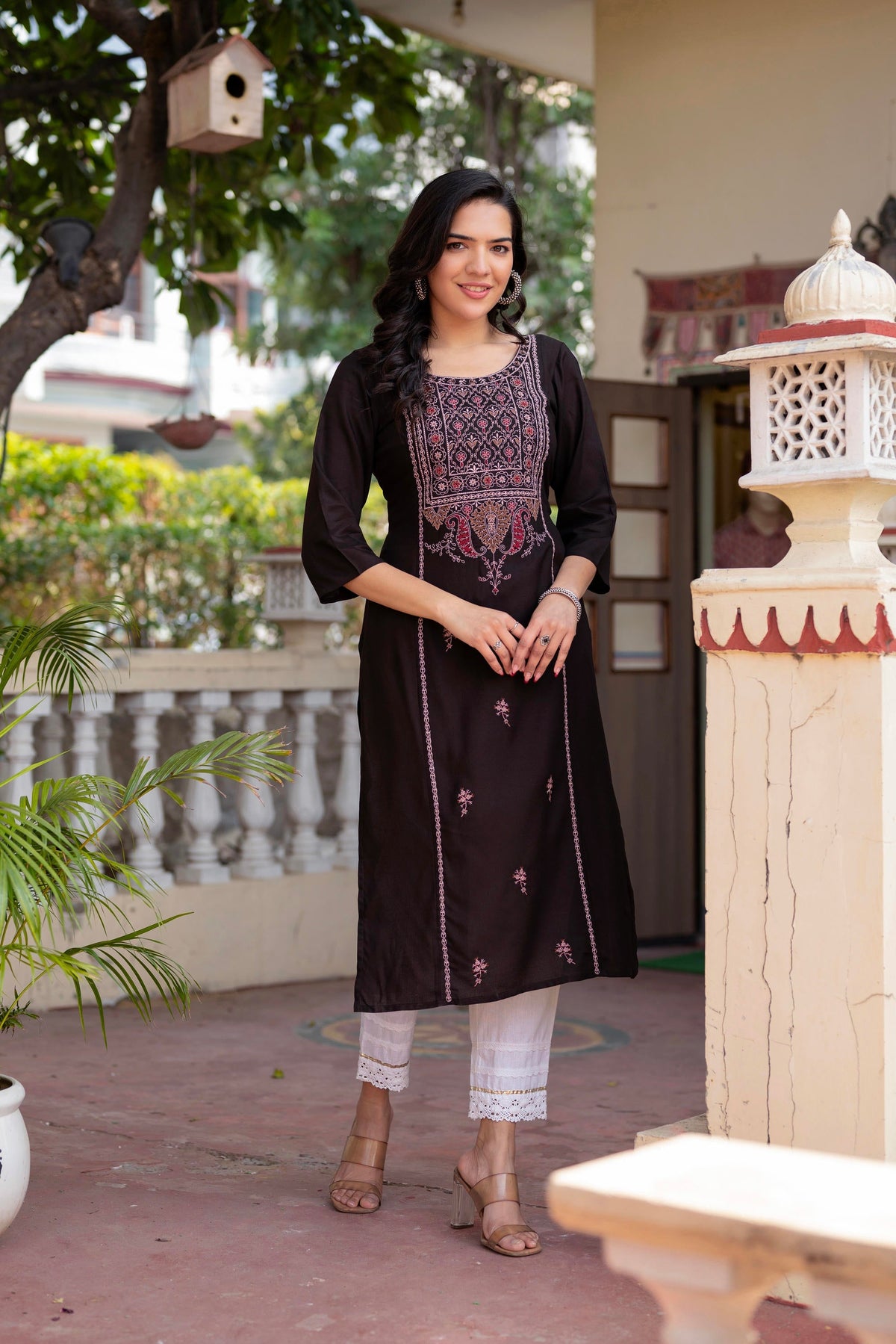Juniper Dark Coffee Viscose Geometric Printed Kurta with Ethnic Motifs & Thread Work