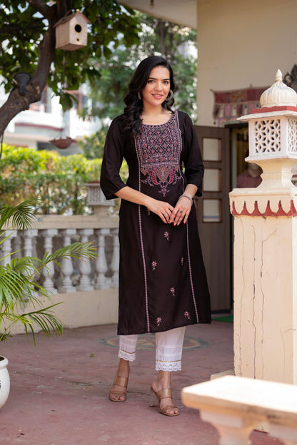 Juniper Dark Coffee Viscose Geometric Printed Kurta with Ethnic Motifs & Thread Work