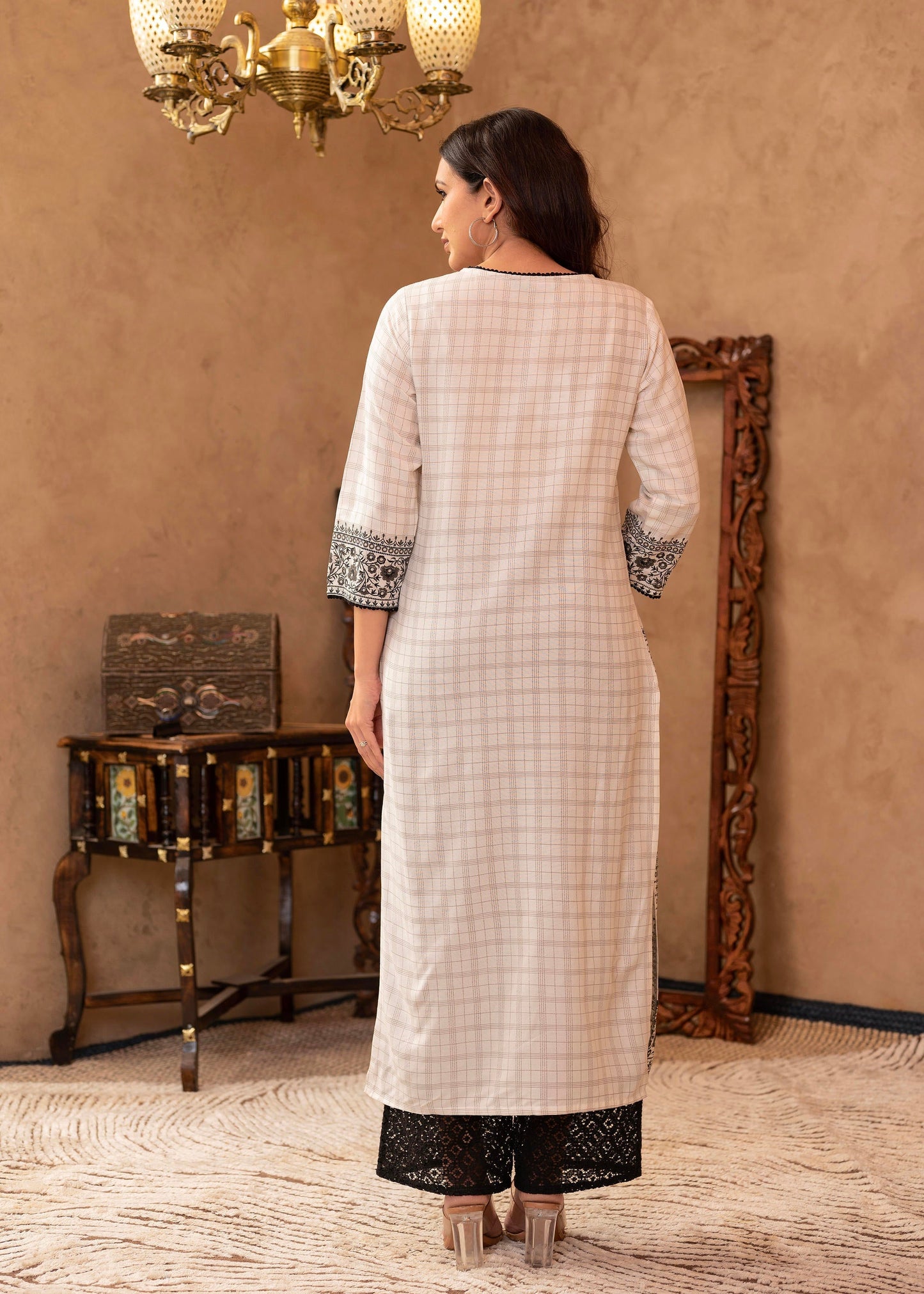 Juniper Black & White Ethnic Motif Printed Viscose Kurta With Cotton Lace & Sequins