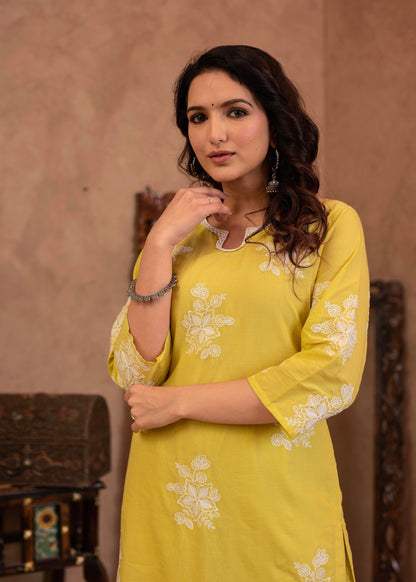 Juniper Lime Yellow Embroidered Cotton Slub Kurta with Palazzo & Thread Work