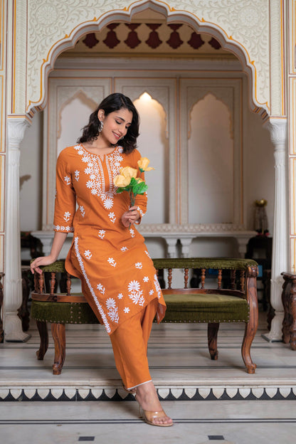 Juniper Rust Embroidered Cotton Kurta with Palazzo