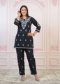 Juniper Black Cotton Embroidered Kurta-Pant Set With Thread Work & Buttons