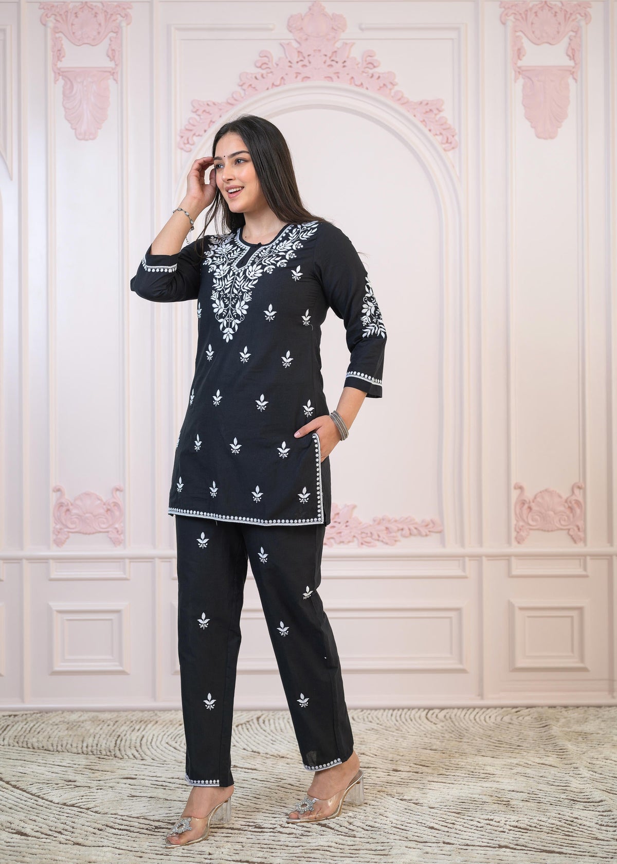 Juniper Black Cotton Embroidered Kurta-Pant Set with Thread Work & Buttons
