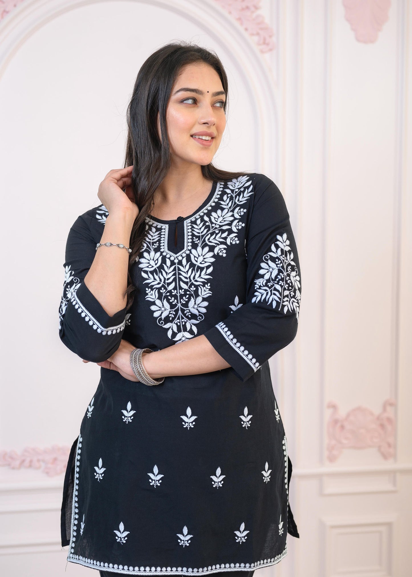 Juniper Black Cotton Embroidered Kurta-Pant Set With Thread Work & Buttons