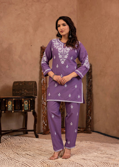 Juniper Purple Embroidered Cotton Kurta with Pant