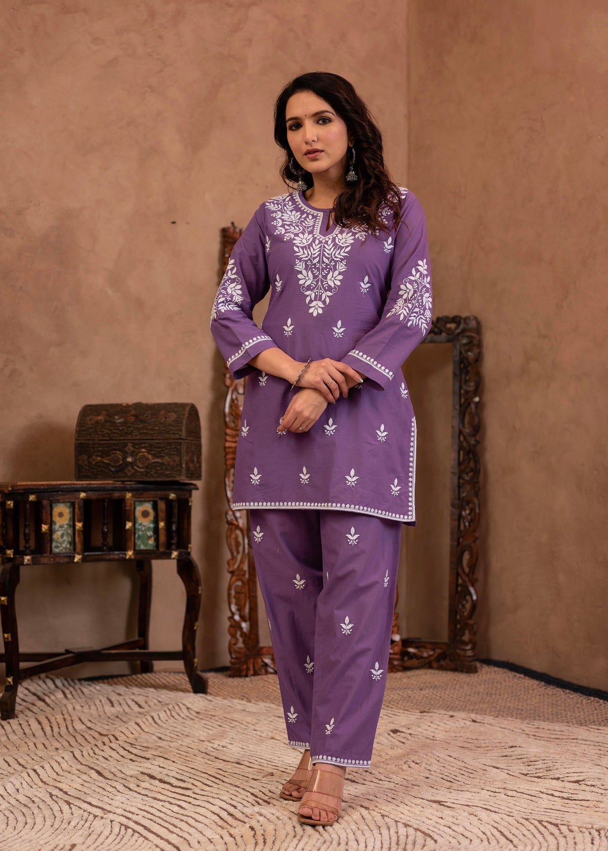 Juniper Purple Embroidered Cotton Kurta with Pant
