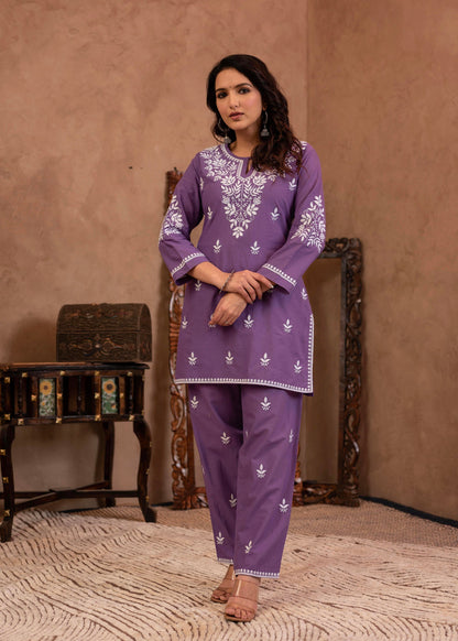 Juniper Purple Embroidered Cotton Kurta with Pant