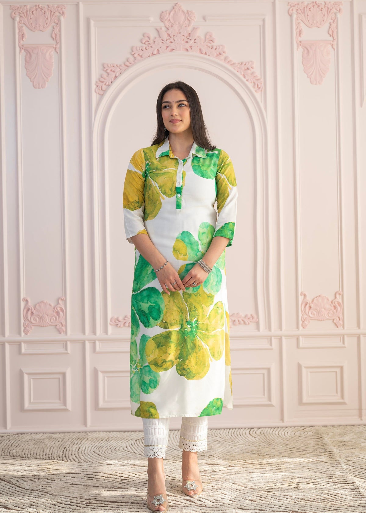 Juniper Green Floral Printed Viscose Kurta with Button Closure