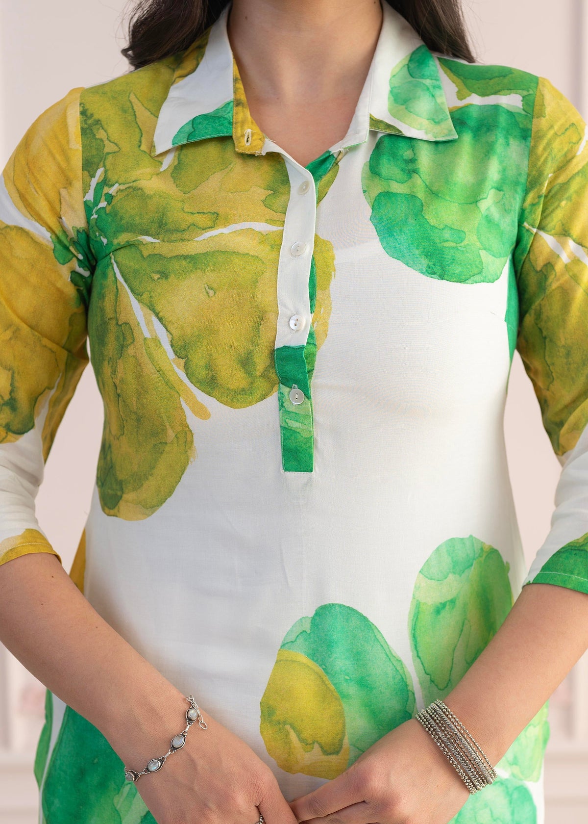 Juniper Green Floral Printed Viscose Kurta with Button Closure