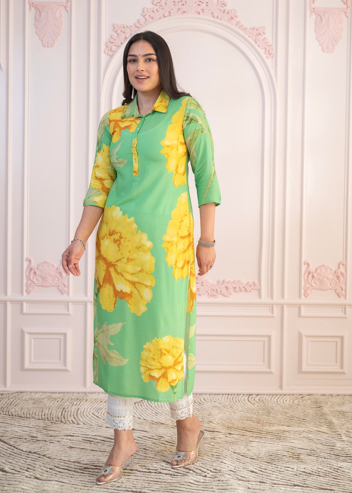 Juniper Green & Yellow Printed Viscose Kurta With Button Details