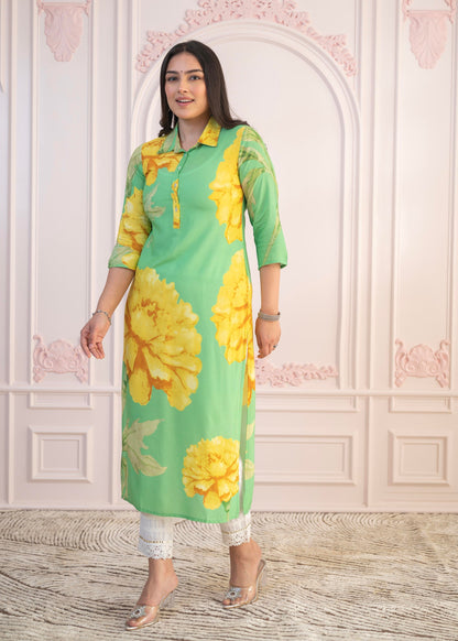 Juniper Green & Yellow Printed Viscose Kurta With Button Details