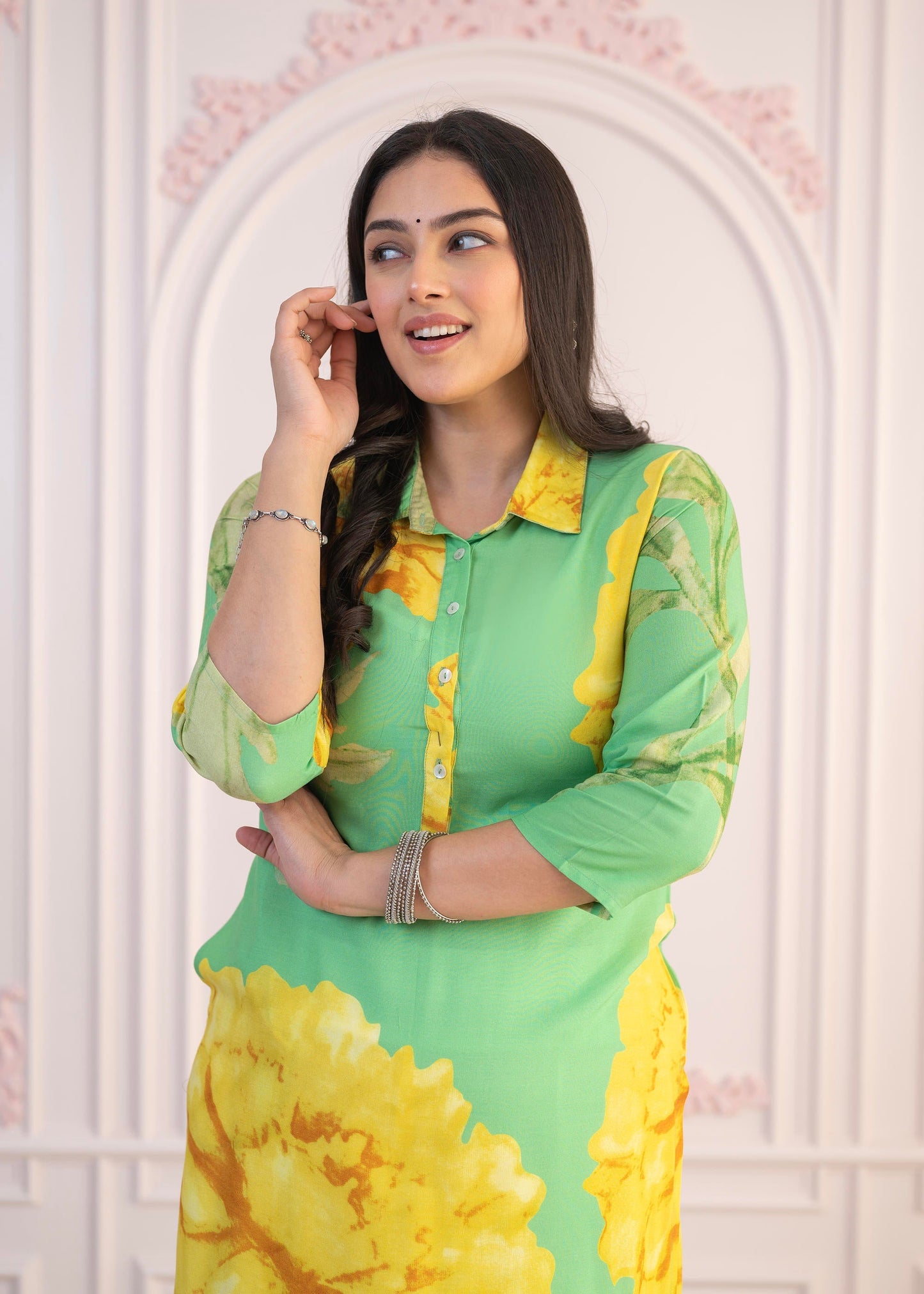 Juniper Green & Yellow Printed Viscose Kurta with Button Details