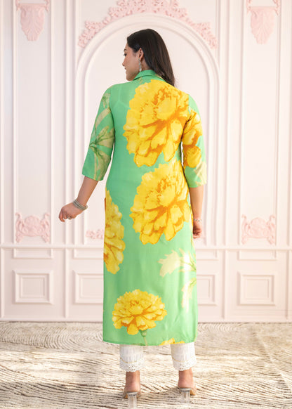 Juniper Green & Yellow Printed Viscose Kurta With Button Details