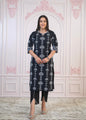 Juniper Black Cotton Slub Embroidered Kurta-Pant Set with Thread Work & Cotton Lace