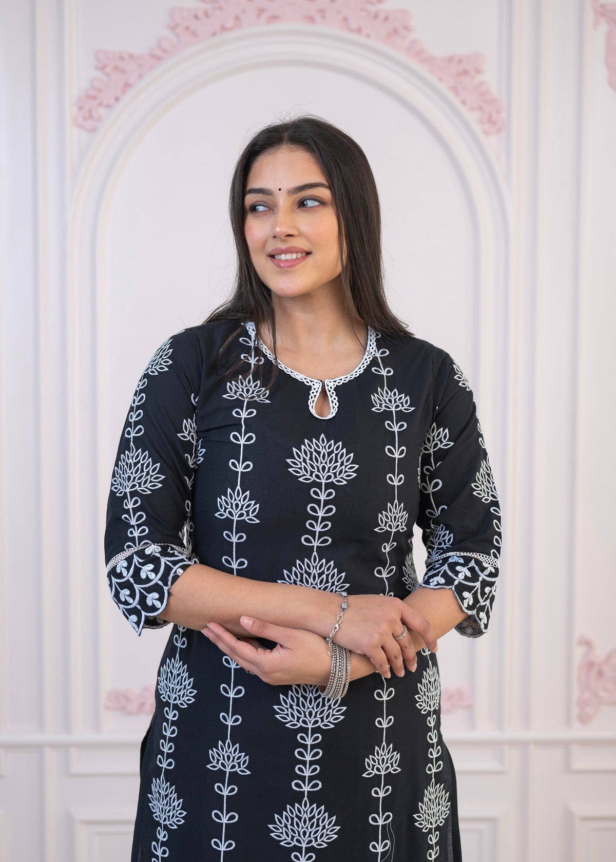 Juniper Black Cotton Slub Embroidered Kurta-Pant Set with Thread Work & Cotton Lace