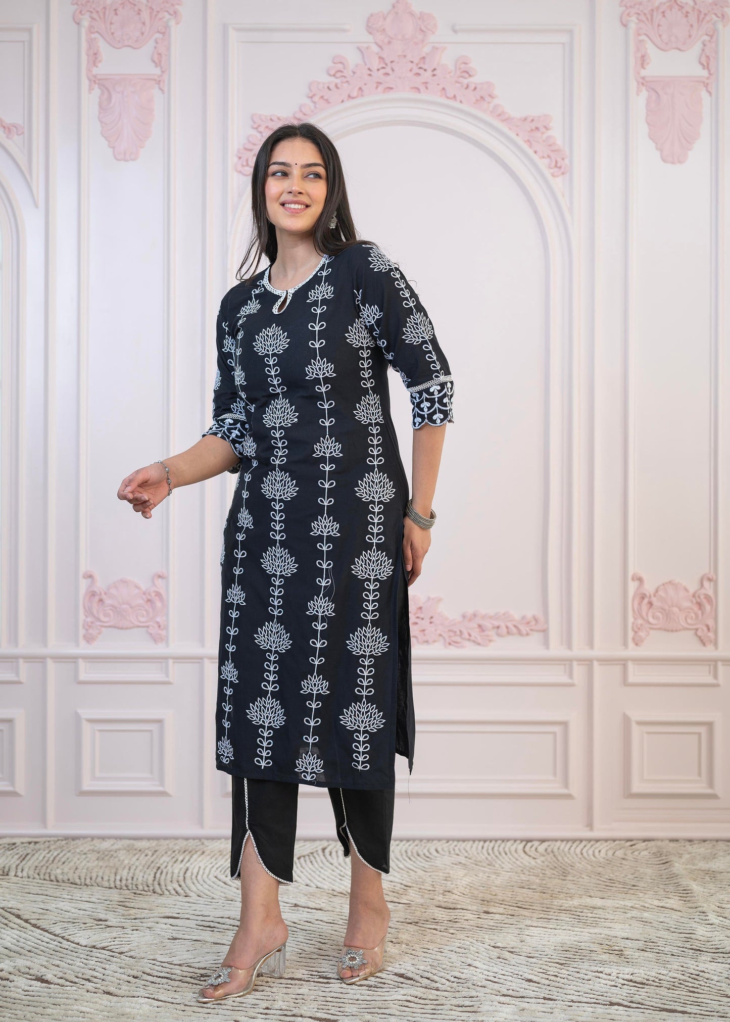Juniper Black Cotton Slub Embroidered Kurta-Pant Set With Thread Work & Cotton Lace