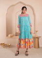 Juniper Sky Blue Flared Panelled Dress With Printed Floral Hem And Yoke Embroidery