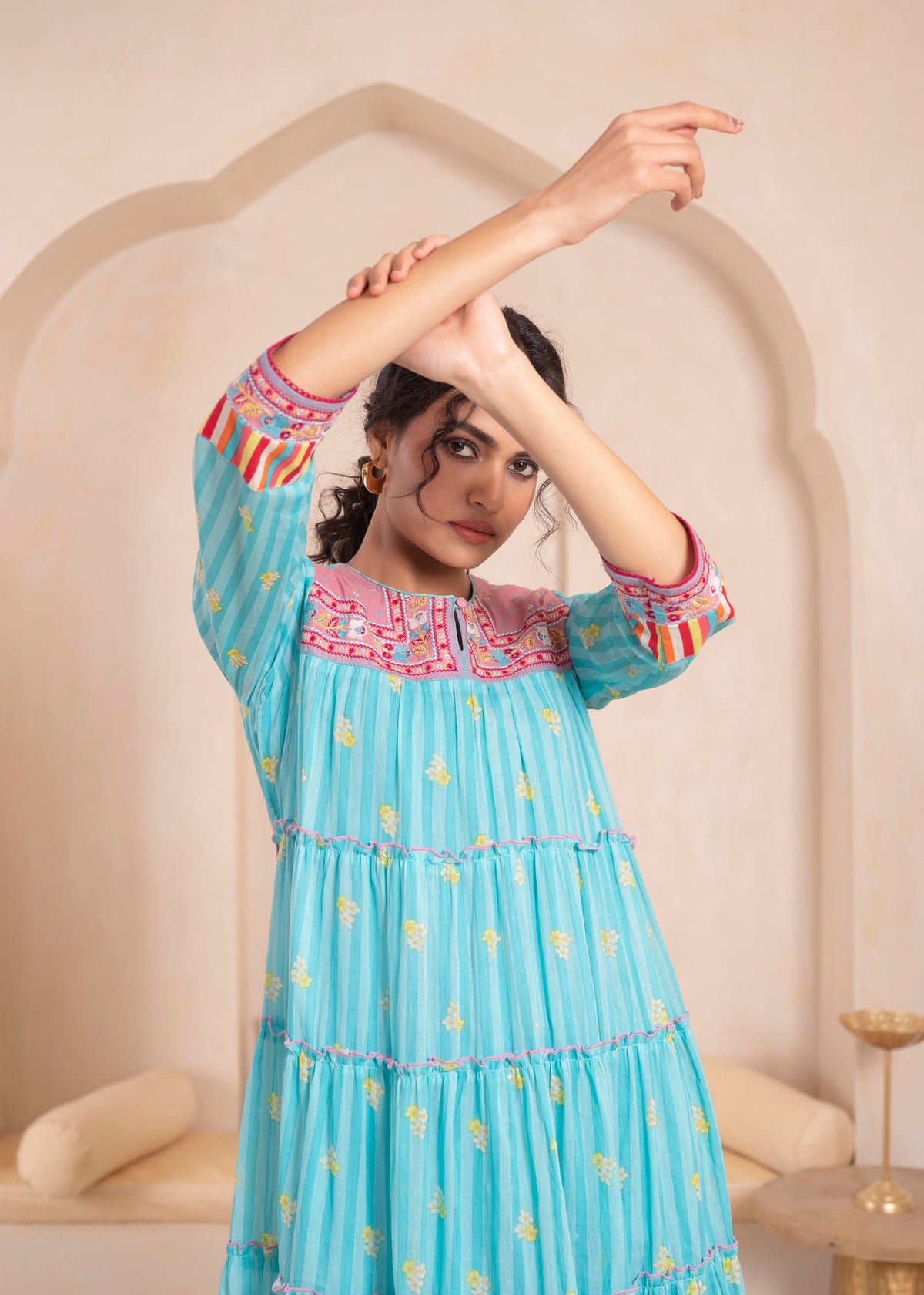 Juniper Skyblue Flared Panelled Dress with Printed Floral Hem and Yoke Embroidery