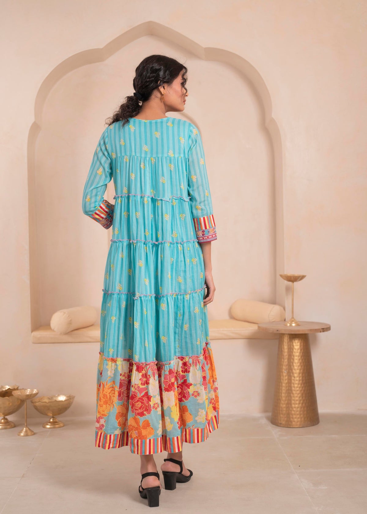 Juniper Skyblue Flared Panelled Dress with Printed Floral Hem and Yoke Embroidery