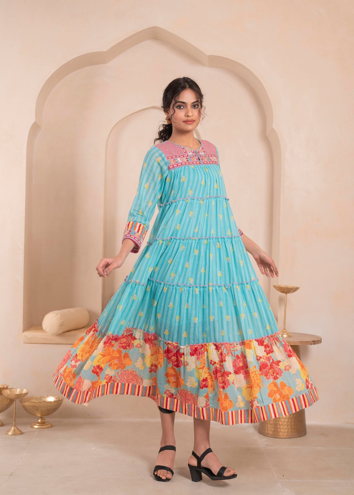 Juniper Skyblue Flared Panelled Dress with Printed Floral Hem and Yoke Embroidery