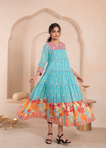 Juniper Skyblue Flared Panelled Dress with Printed Floral Hem and Yoke Embroidery