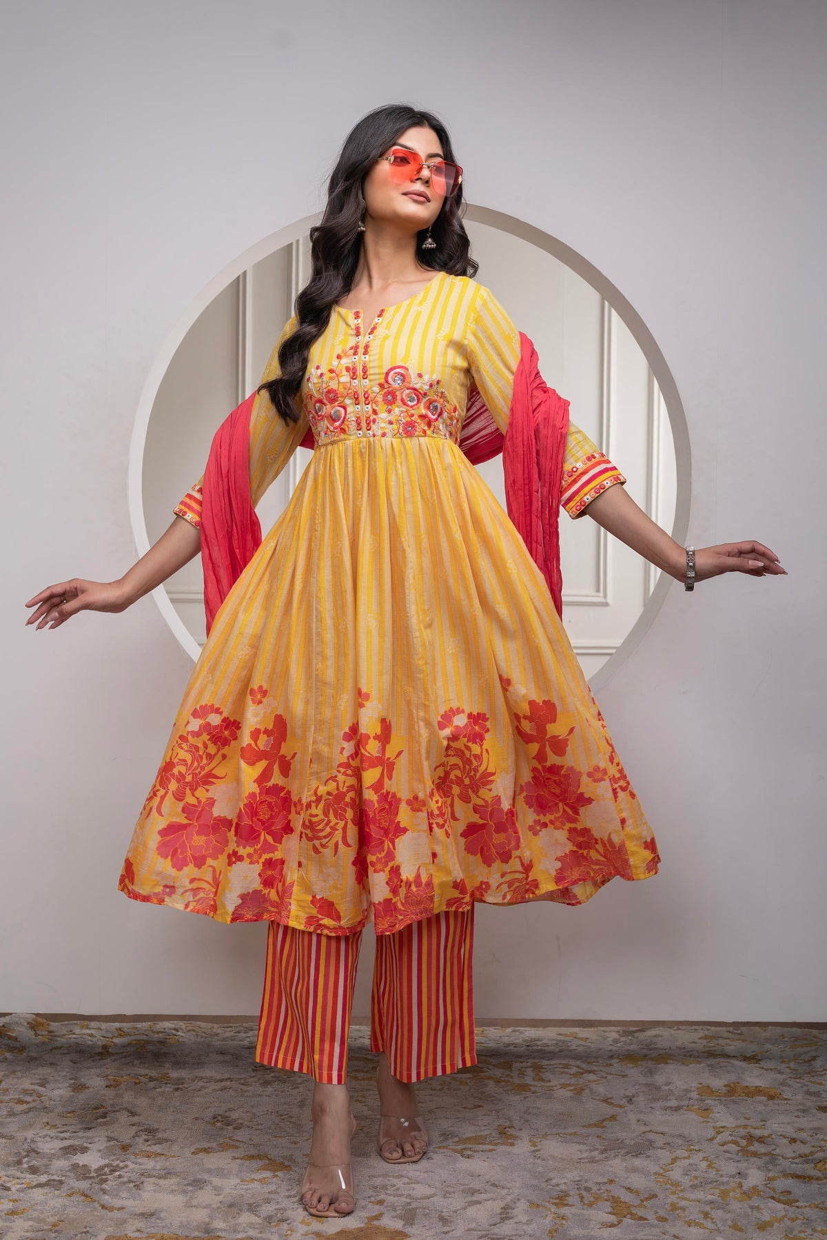 Juniper Mustard Cotton Kurta Pant & Chiffon Dupatta Set With Embroidered Floral Thread & Mirror Work