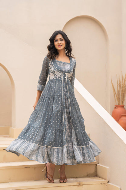Juniper Azure Grey Whispers Boho Tiered Anarkali Dress