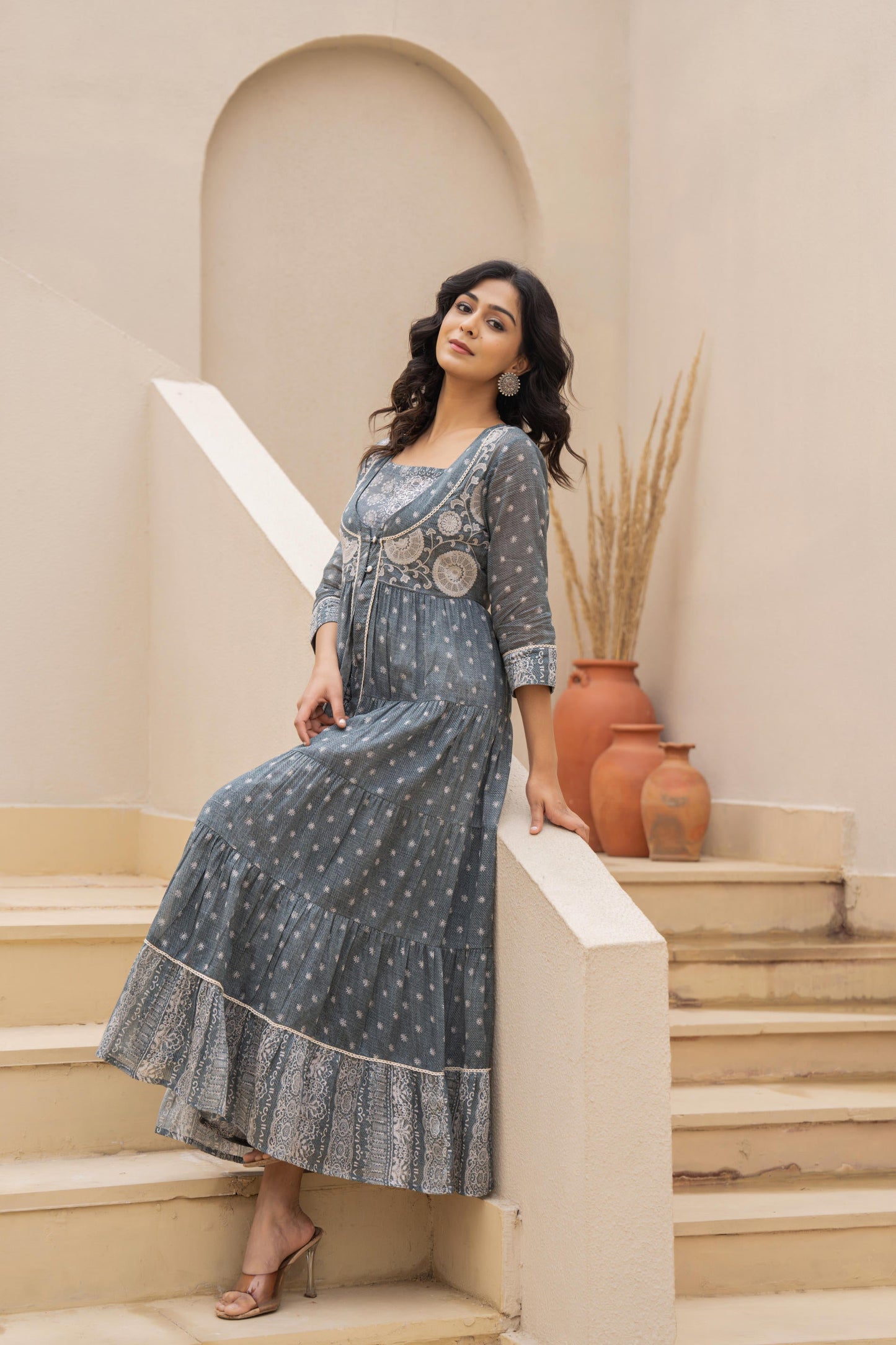 Juniper Azure Grey Whispers Boho Tiered Anarkali Dress