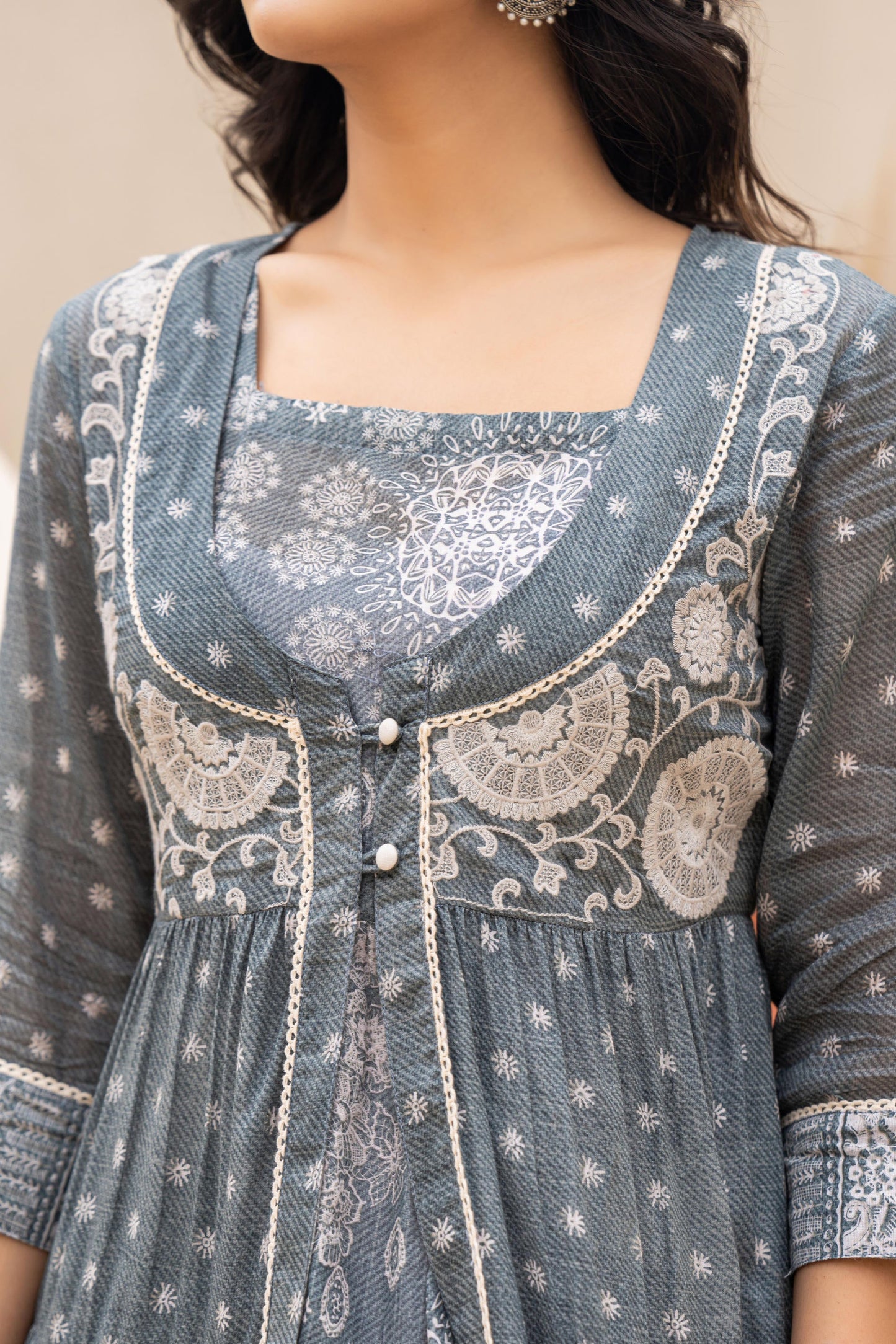 Juniper Azure Grey Whispers Boho Tiered Anarkali Dress