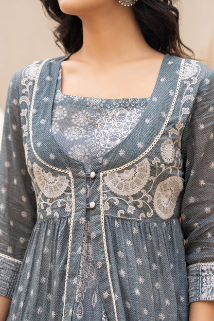 Juniper Azure Grey Whispers Boho Tiered Anarkali Dress