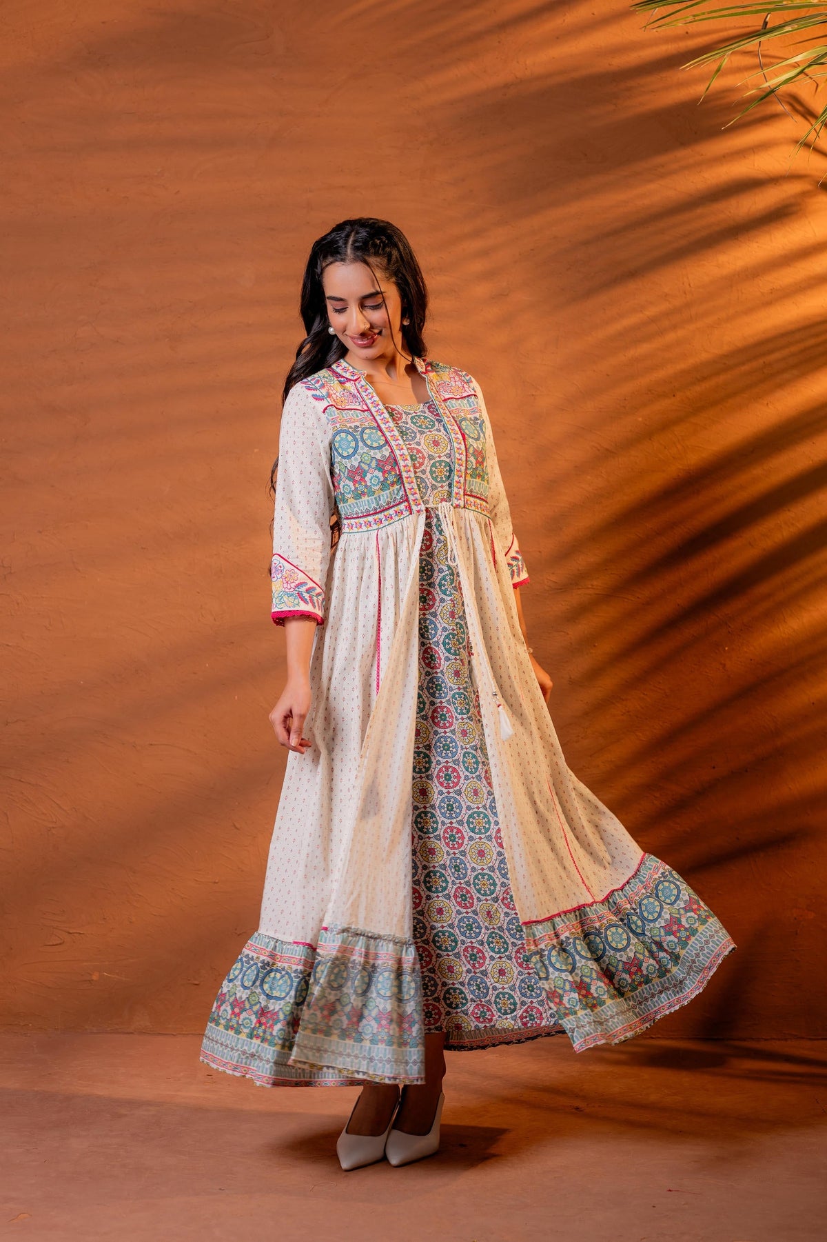 Juniper Ivory Embroidered Flared Midi Dress With Ethnic Motifs