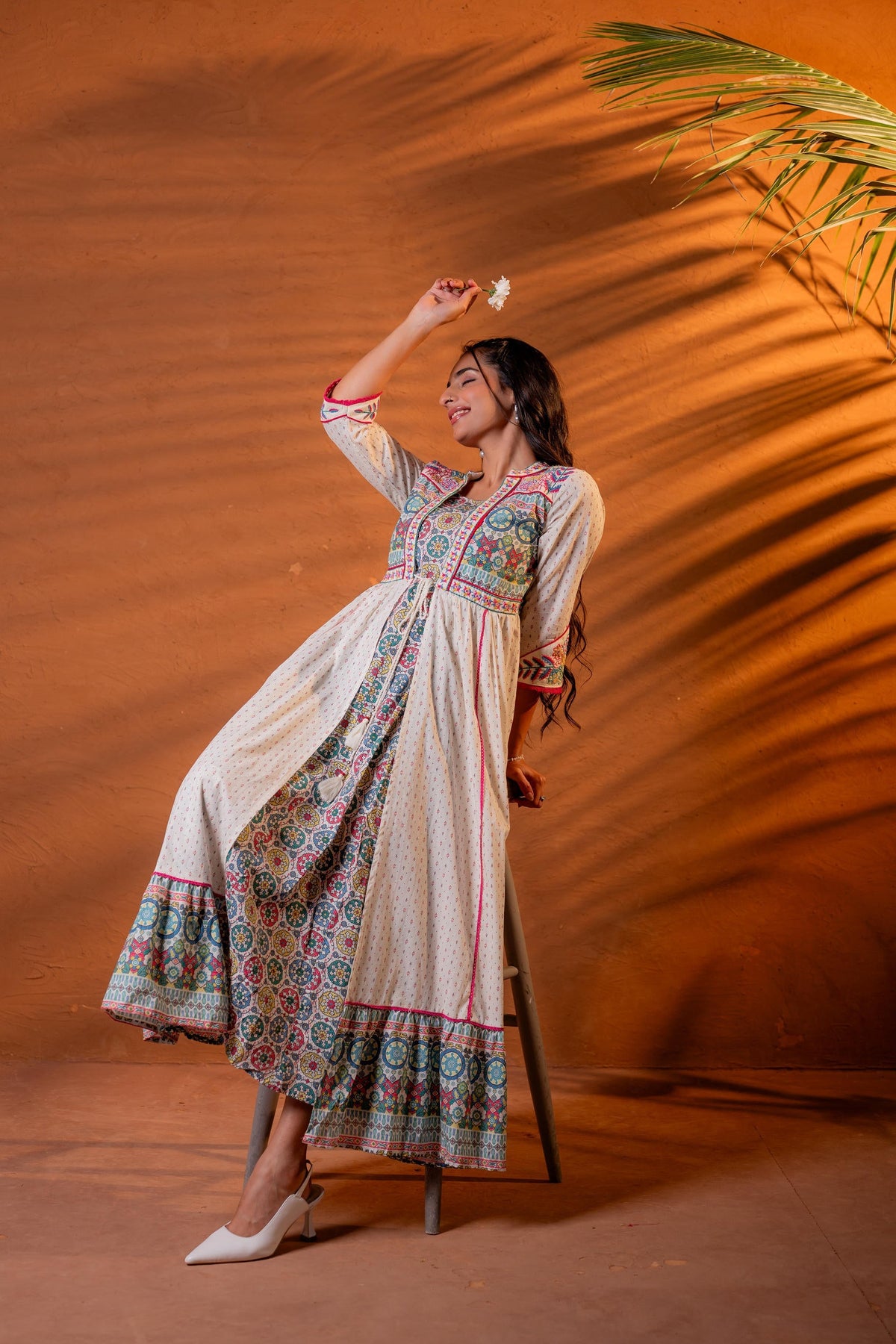 Juniper Ivory Embroidered Flared Midi Dress With Ethnic Motifs