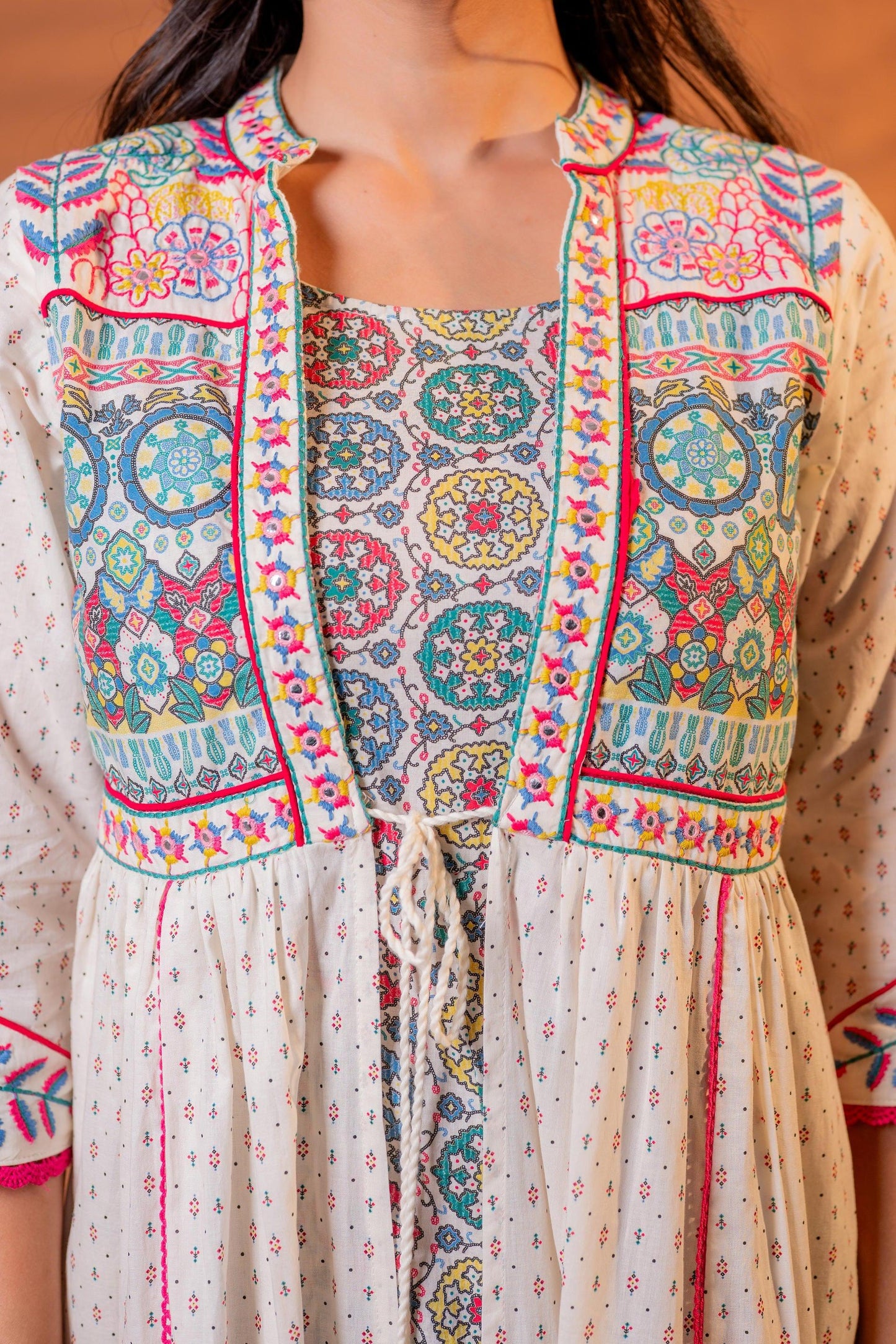 Juniper Ivory Embroidered Flared Midi Dress With Ethnic Motifs