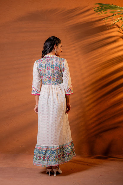 Juniper Ivory Embroidered Flared Midi Dress With Ethnic Motifs
