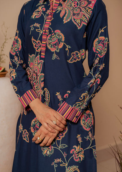 Juniper Midnight Blue Floral Printed Viscose Kurta With Button Detailing