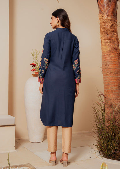 Juniper Midnight Blue Floral Printed Viscose Kurta With Button Detailing