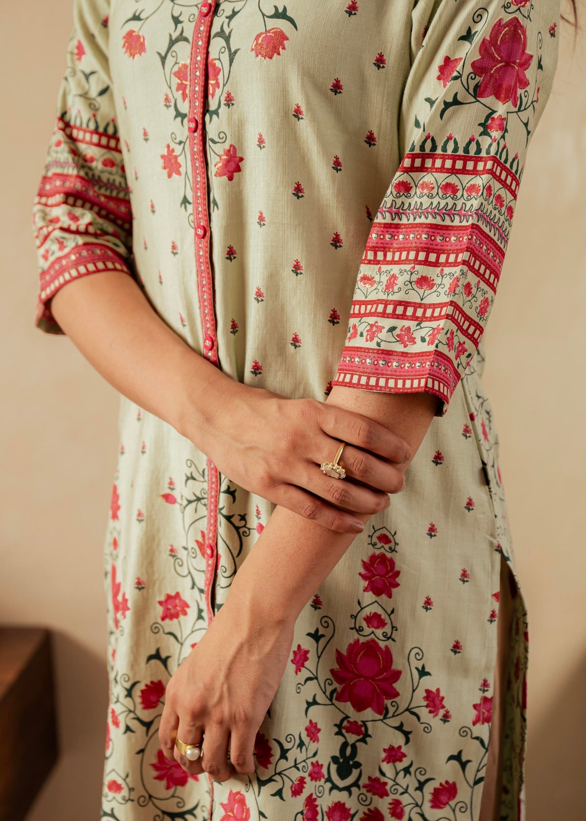 Juniper Sage Green Floral Printed Viscose Kurta With Button Detailing