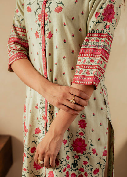Juniper Sage Green Floral Printed Viscose Kurta With Button Detailing