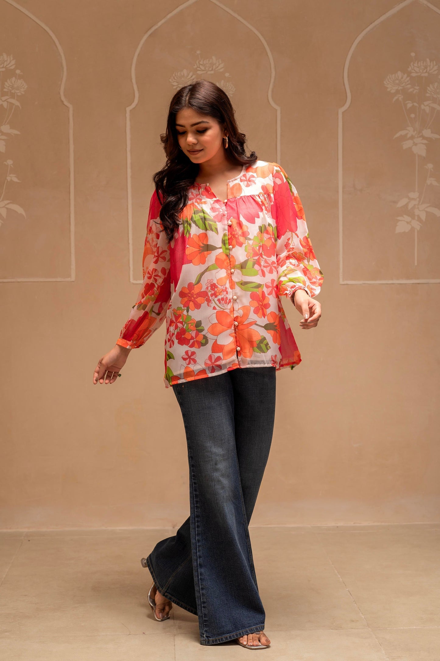 Juniper Man Made Multicolor Fiber Floral Printed Tunic With Button Details