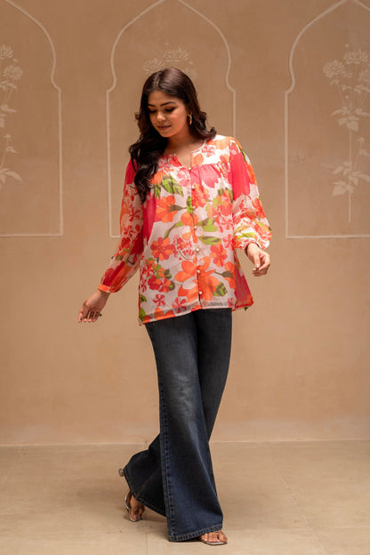 Juniper Man Made Multicolor Fiber Floral Printed Tunic With Button Details