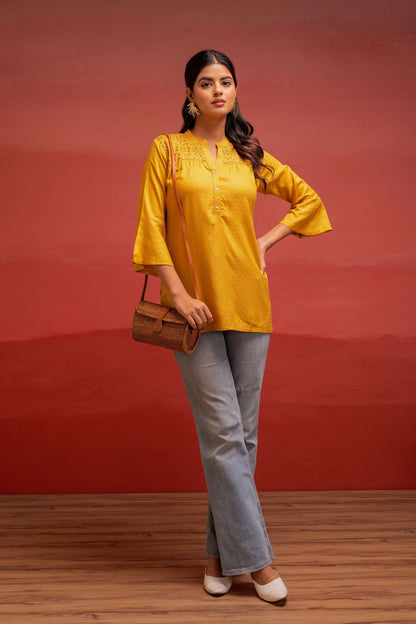 Juniper Mustard Polka Dot Viscose Tunic With Thread Work, Mirror & Button Detailing