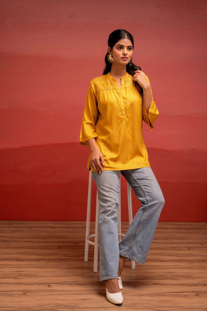 Juniper Mustard Polka Dot Viscose Tunic With Thread Work, Mirror & Button Detailing