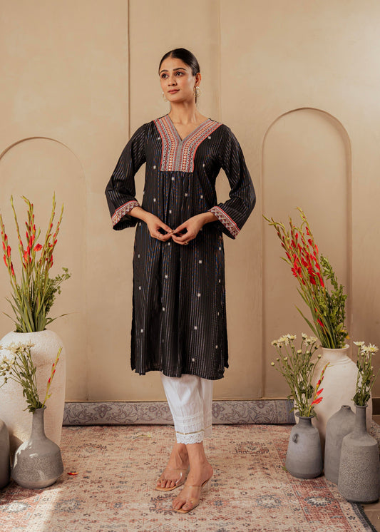 Juniper Black Striped Viscose Kurta With Embroidered Thread Work And Mirror Detailing